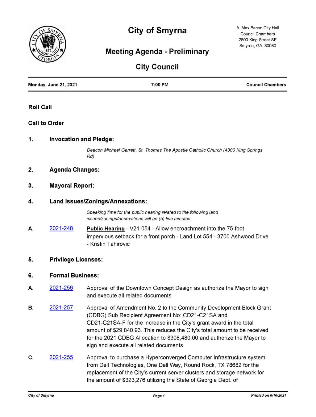 06-21-2021 June 21, 2021 Mayor and Council Meeting Agenda  - PRELIMINARY no attachments_Page_1