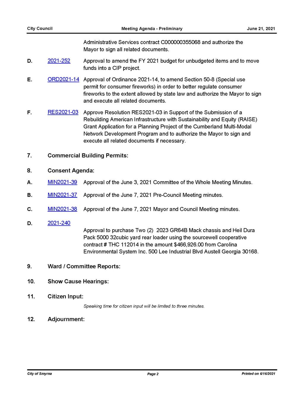 06-21-2021 June 21, 2021 Mayor and Council Meeting Agenda  - PRELIMINARY no attachments_Page_2