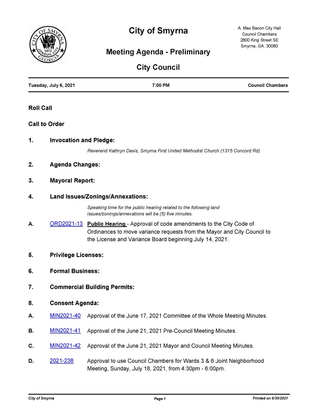 07-06-2021 July 6, 2021 Mayor and Council Meeting Agenda - PRELIMINARy - Psting Copy_Page_1