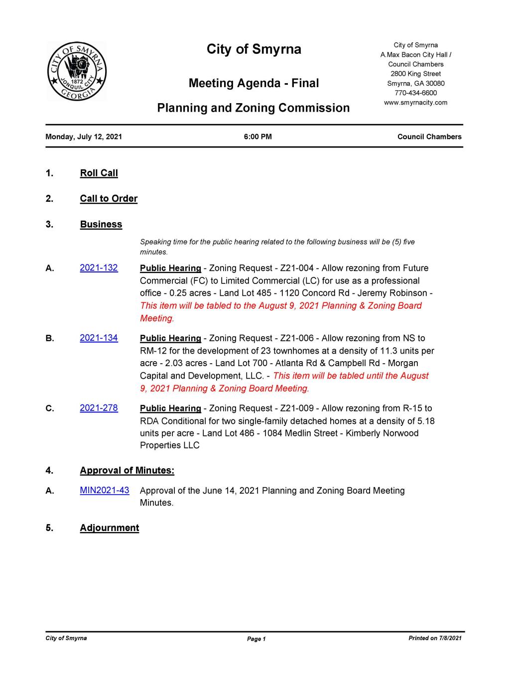 07-12-2021 July 12, 2021 P&Z Meeting Agenda - FINAL - no attachments