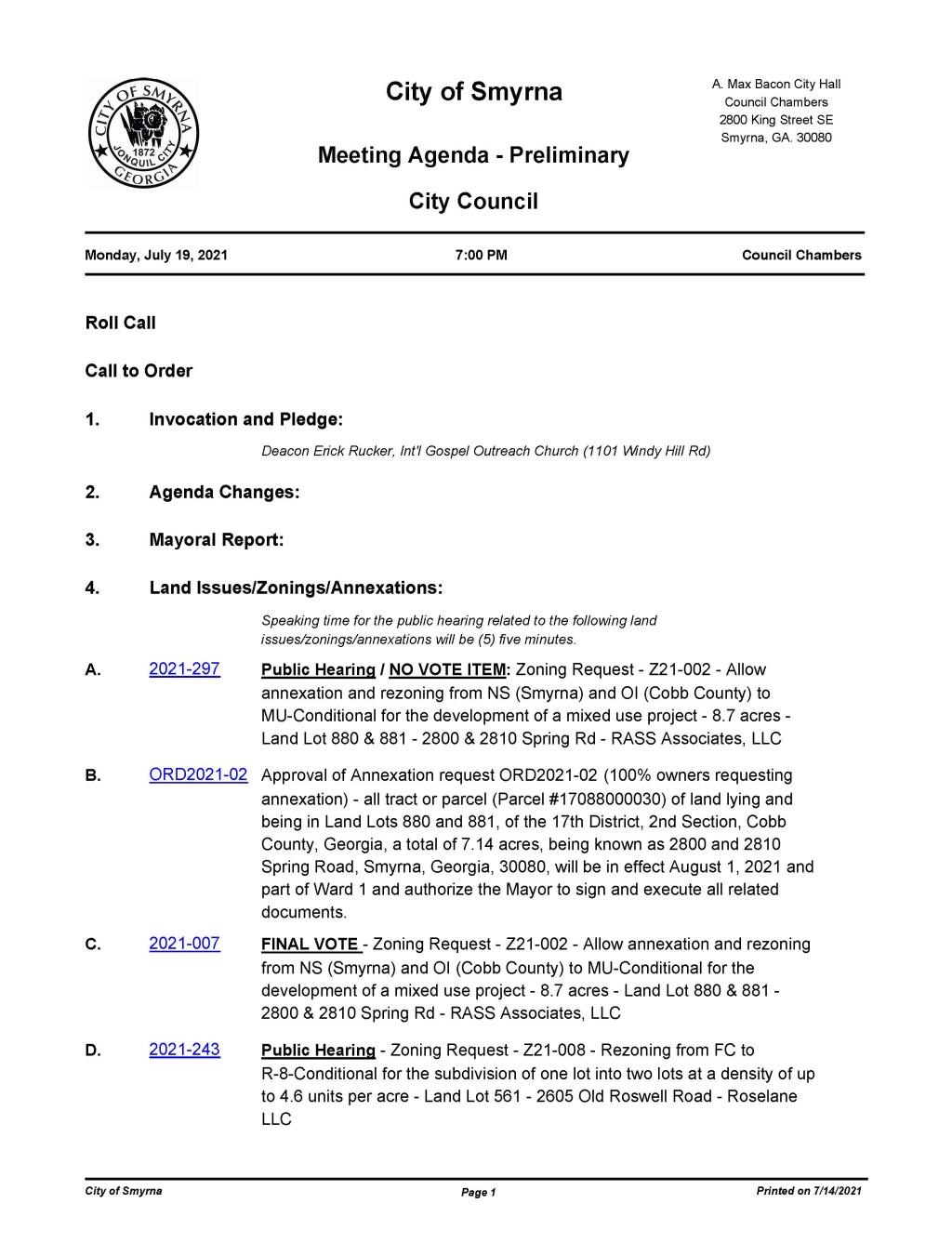 07-19-2021 July 19, 2021 Mayor and Council Meeting Agenda - PRELIMINARY - no attachments_Page_1