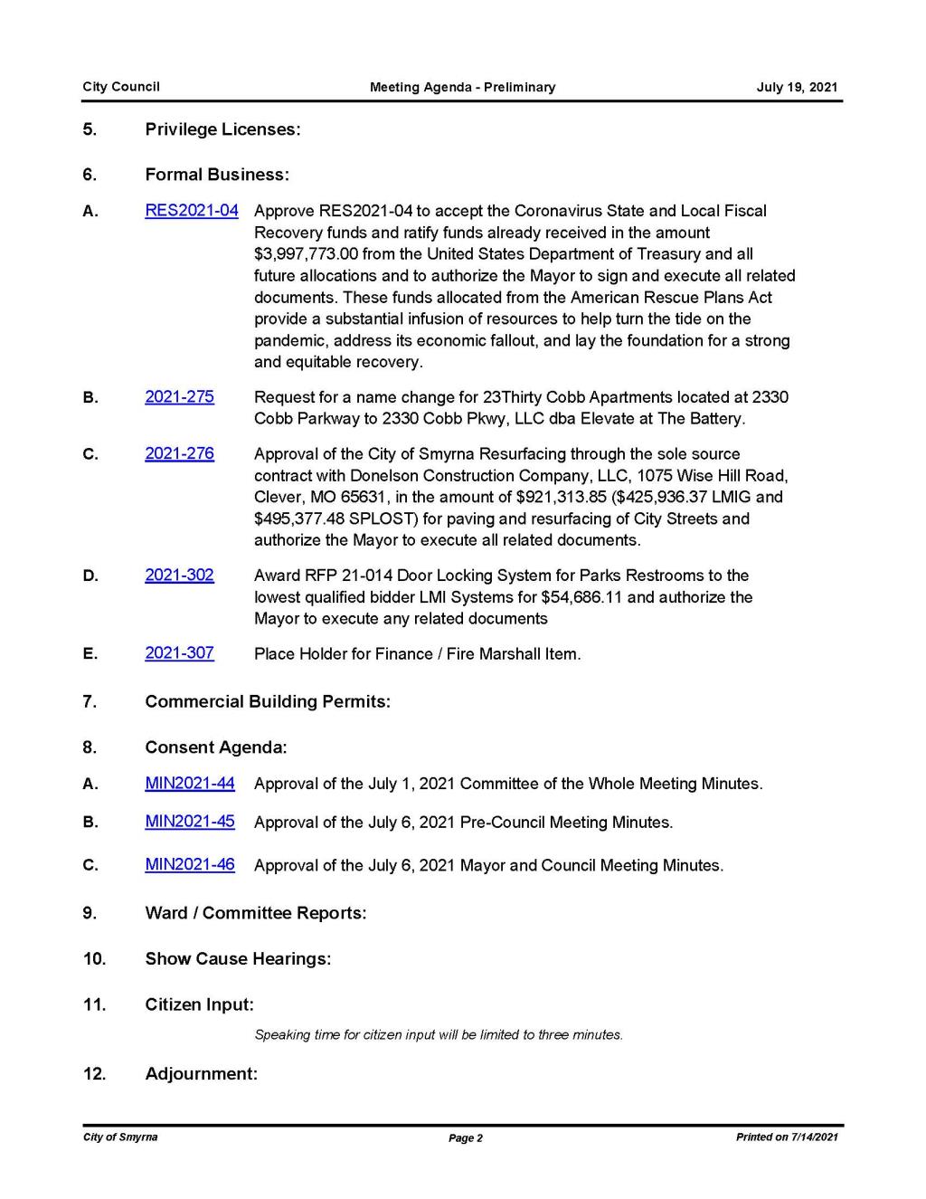 07-19-2021 July 19, 2021 Mayor and Council Meeting Agenda - PRELIMINARY - no attachments_Page_2