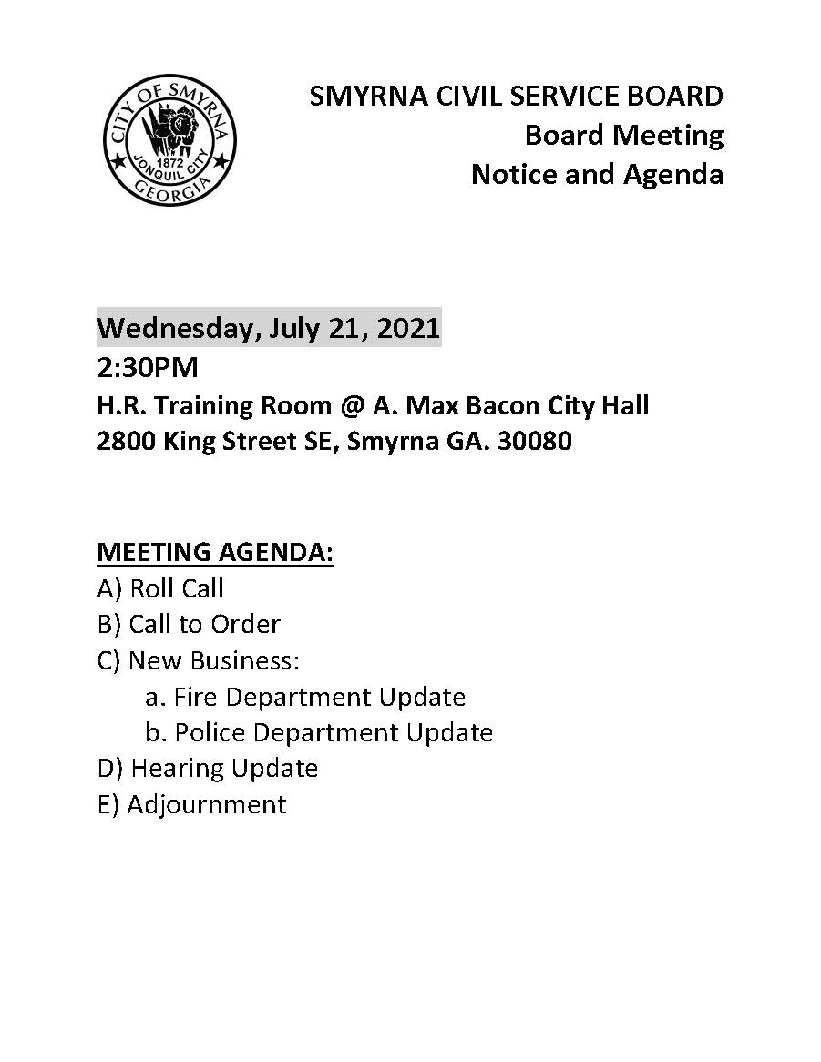 07-21-2021 July 21 2021 Civil Service Board Meeting Notice - Regular Meeting (Changed from Hearing)