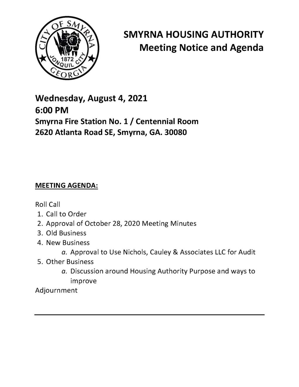 08-04-2021 August 4, 2021 Housing Authority Meeting