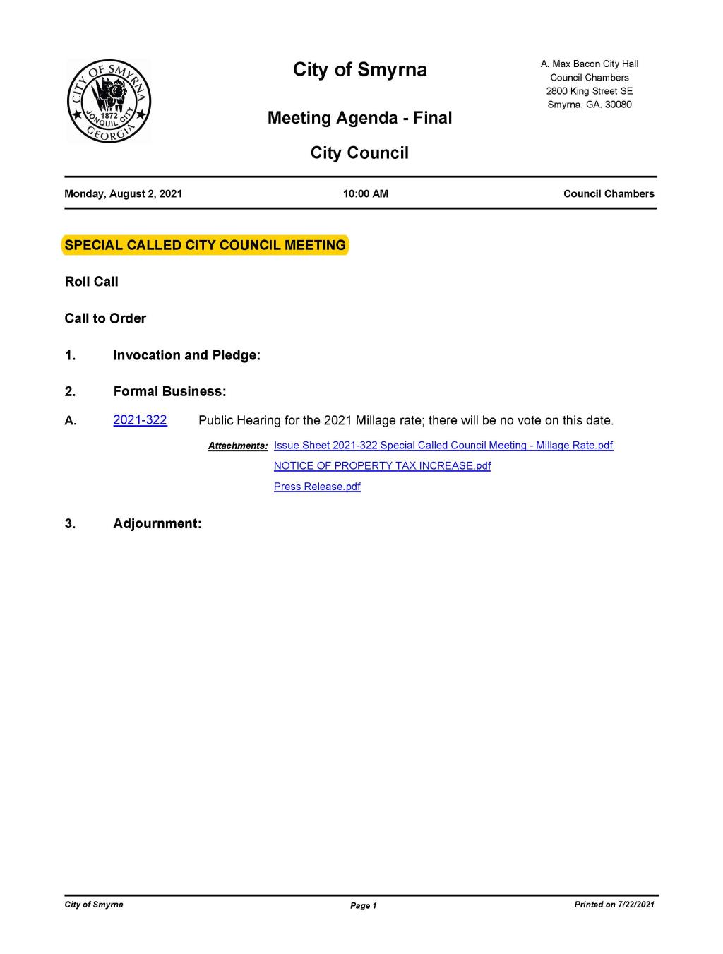 08-02-2021 August 2, 2021 Special Called Council Meeting - Millage Rate