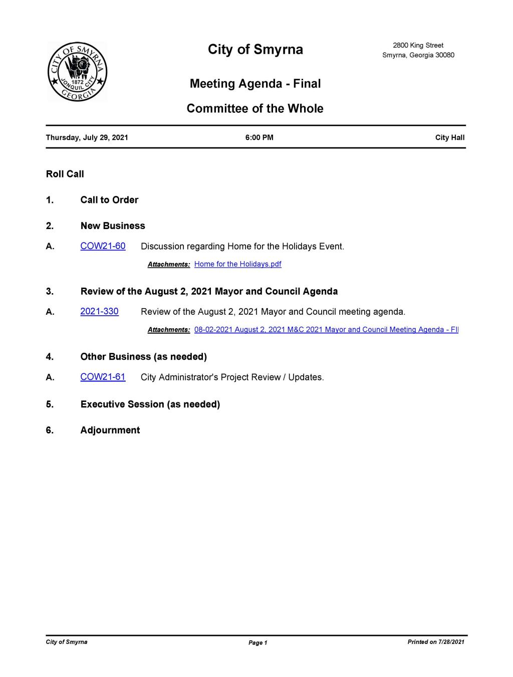 07-29-2021 July 29, 2021 COW Meeting Agenda - FINAL