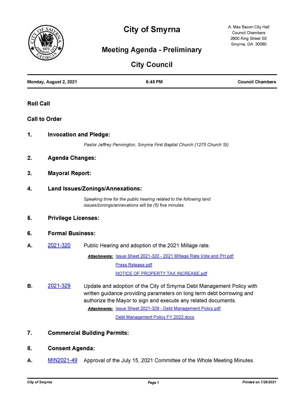 08-02-2021 August 2, 2021 M&C 2021 Mayor and Council Meeting Agenda - PRELIMINARY with attachments_Page_1