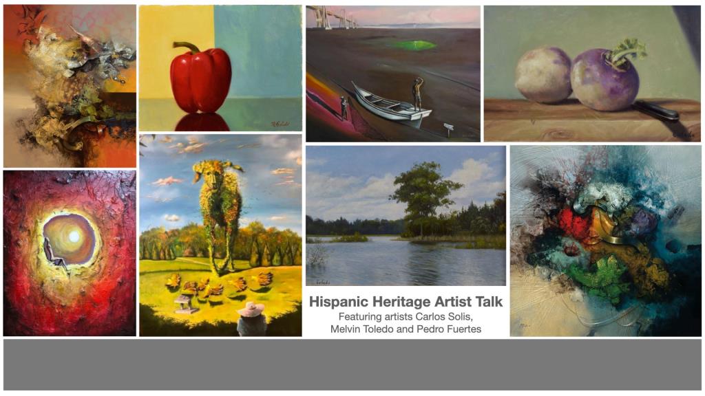 Banner with various art to promote the Hispanic Heritage Artist Talk event.