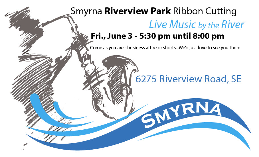 Riverview Park Ribbon Cutting promotional image with music and water depiction