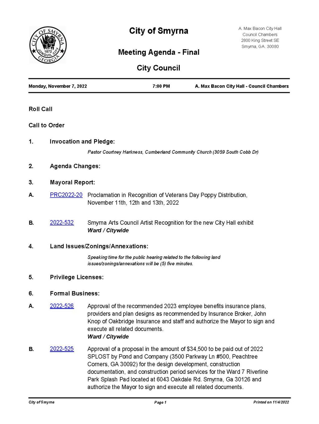 Mayor and Council Meeting Agenda for November 7, 2022