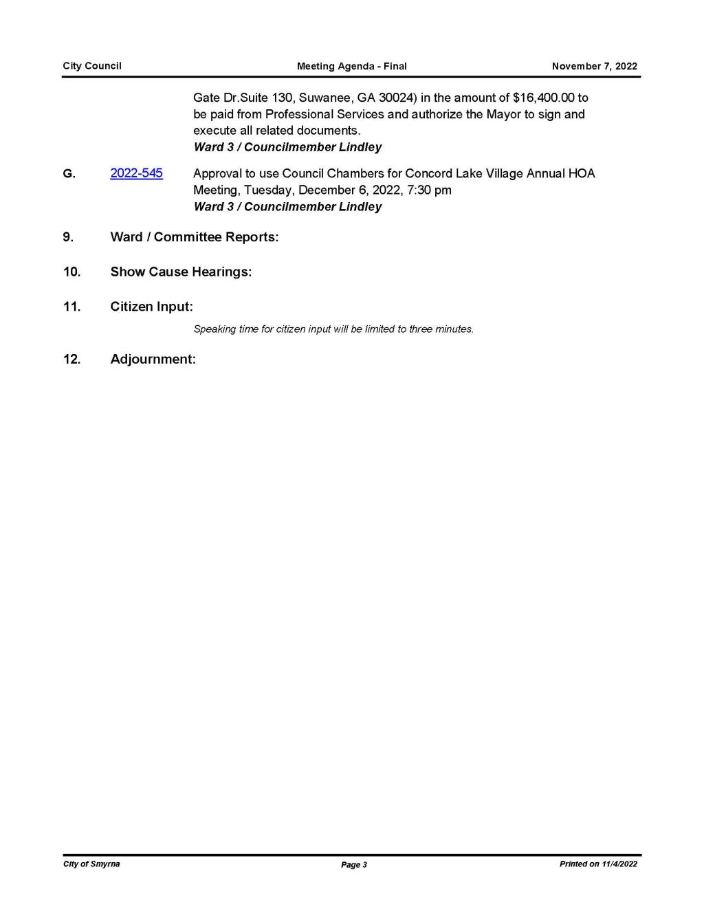 Mayor and Council Meeting Agenda for November 7, 2022