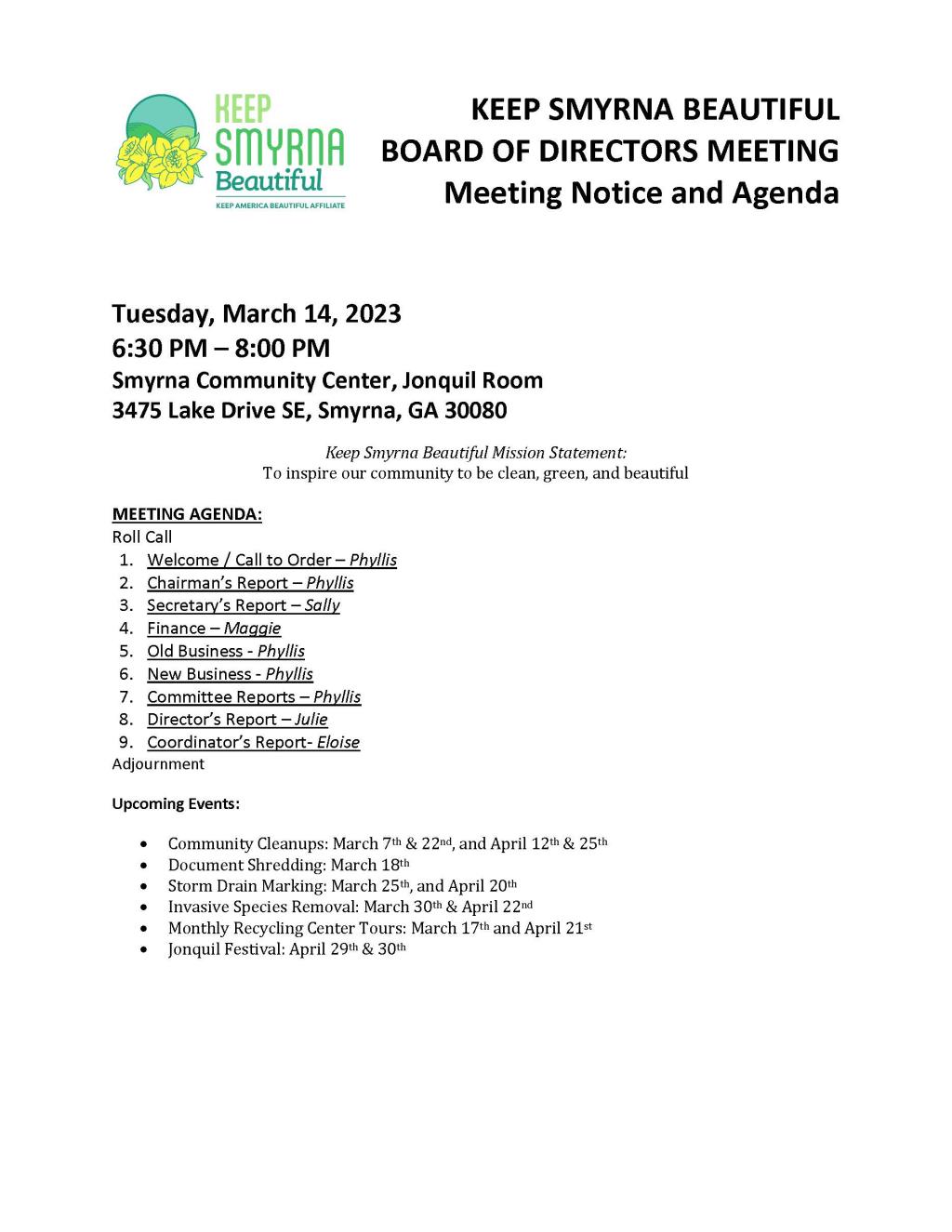 Keep Smyrna Beautiful March 14, 2023 Agenda